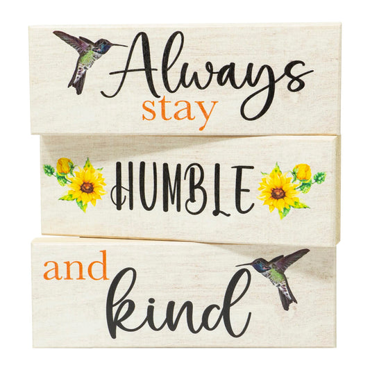 Always Stay Humble and Kind Mini Wooden Block Signs 3pc, Tiered Tray Decor, Spring Decoration, Made in USA