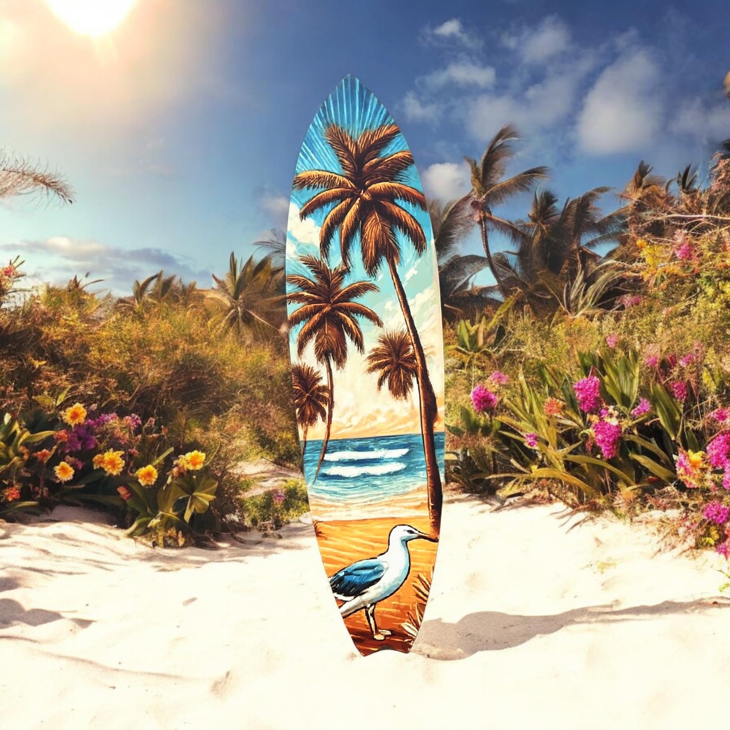 Tropical Beach Surfboard Wall Art | Weather-Resistant PVC with Sandpiper, Ocean Waves & Palm Trees