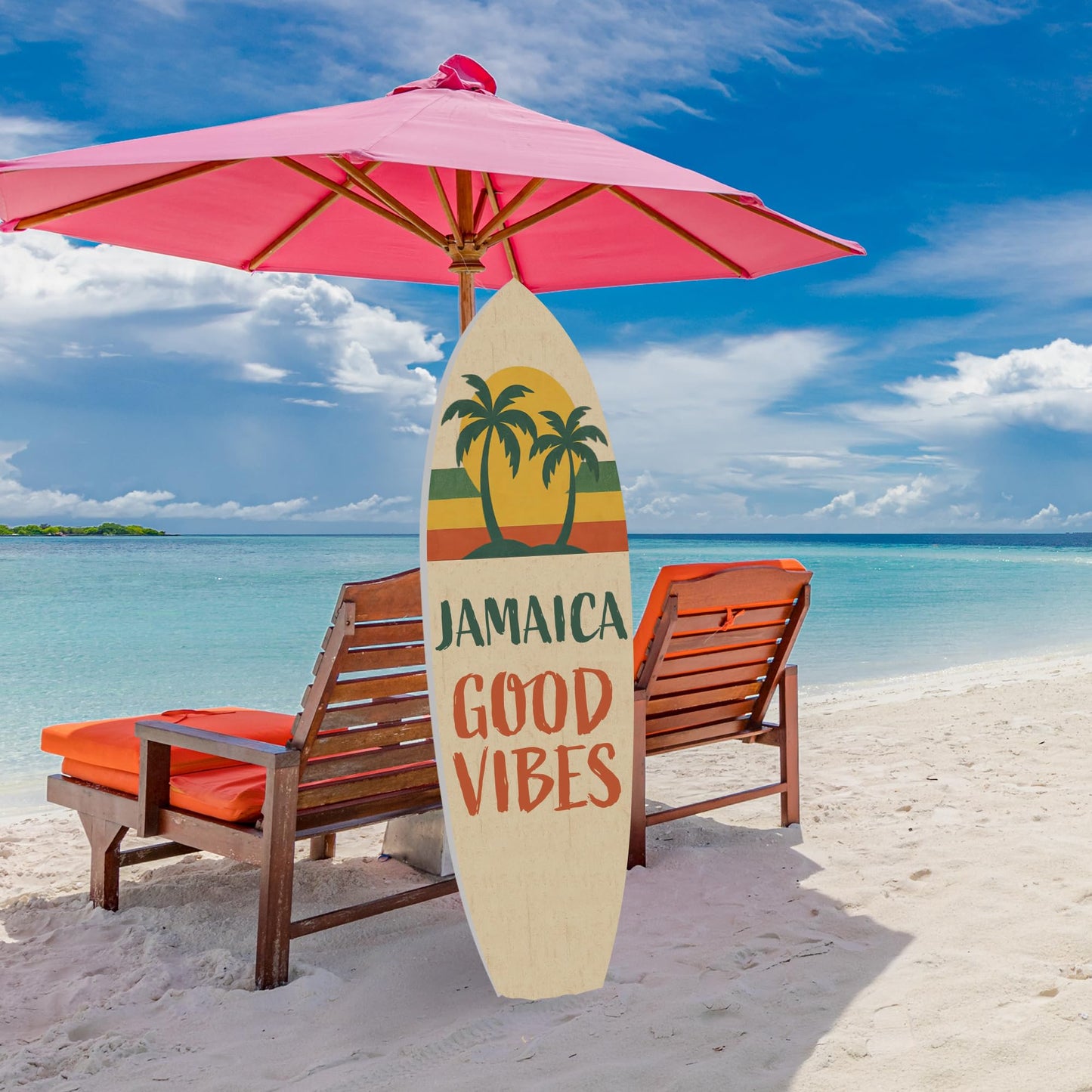Outdoor Surfboard Wall Art Jamaica Good Vibes Sign with Sunset and Palm Trees, Beach House Tropical Coastal Decor Weatherproof PVC