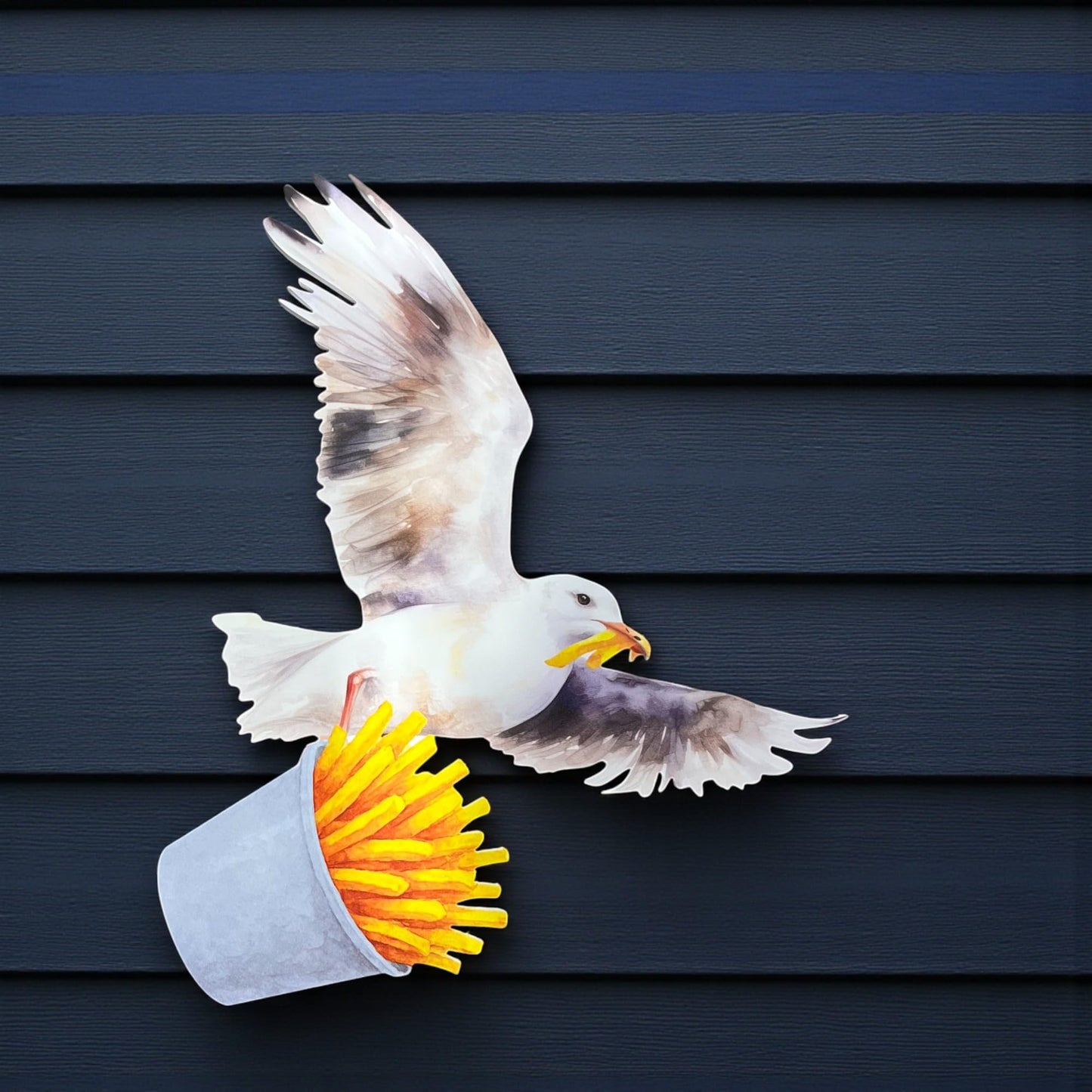 Seagull with French Fries Sign – Outdoor PVC Beach Wall Art, Coastal Decor for Beach Lovers