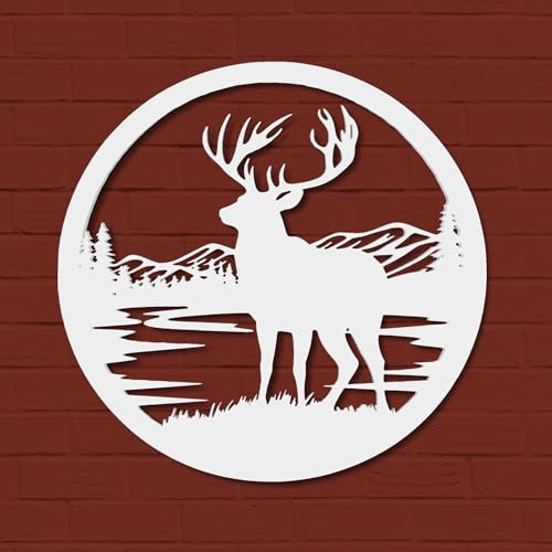 Outdoor Deer Wall Art – Deer Decor for Cabin, Lodge, or Rustic Home Exterior, PVC Wilderness Sign with Mountains and Pine Trees, 36 Inch Round