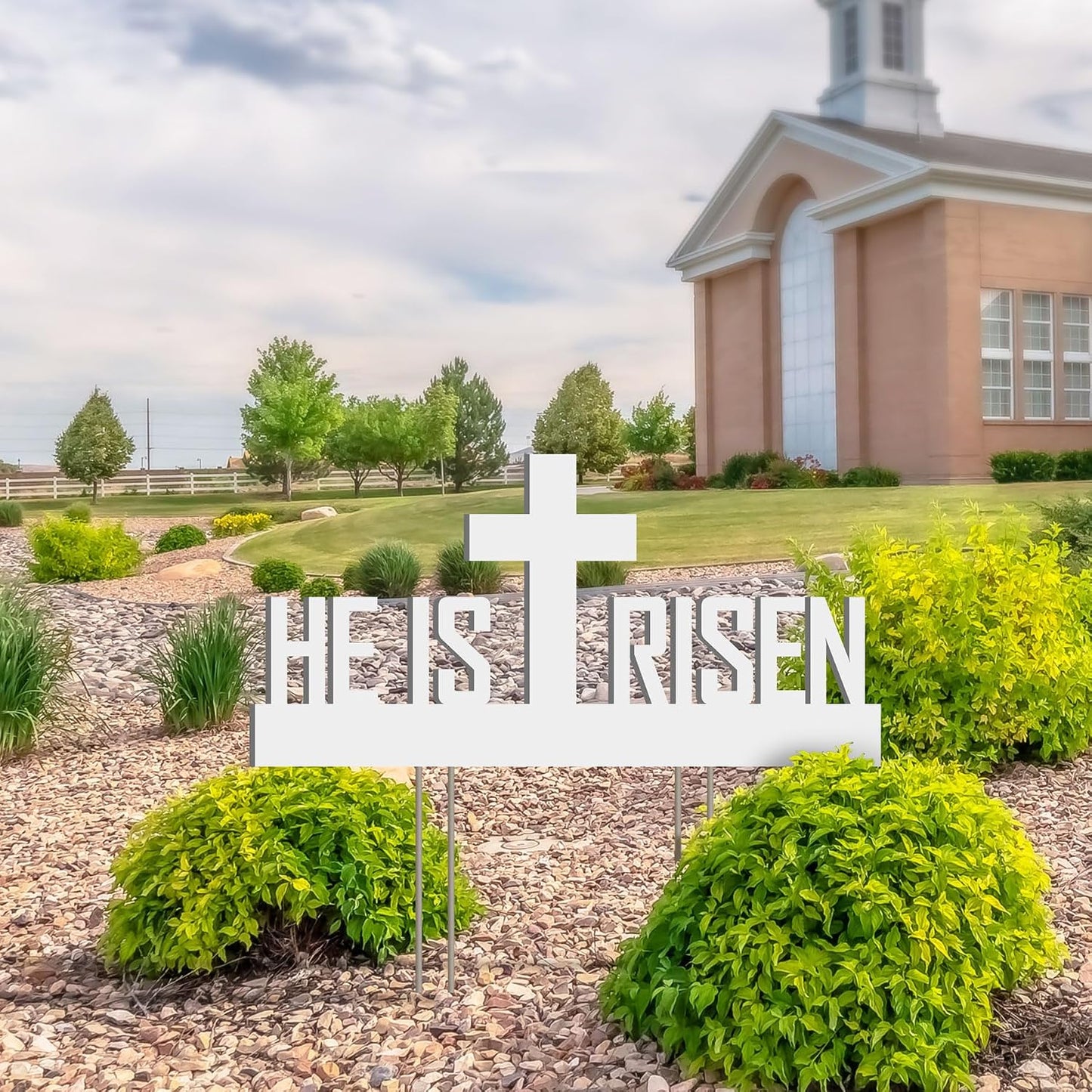 He Is Risen Outdoor Yard Sign – Easter Decorations, Weatherproof PVC with Metal Stakes, 2' x 1', for Yard, Church, or Garden Décor, White