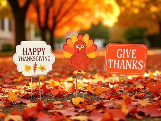 Thanksgiving Yard Signs Set of 3, Outdoor Waterproof PVC Fall Decor with Stakes, Give Thanks, Lawn Decorations