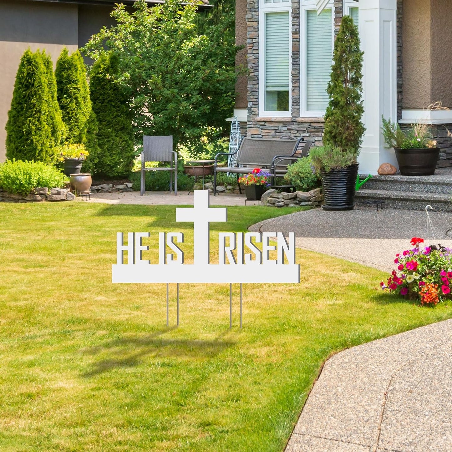 He Is Risen Outdoor Yard Sign – Easter Decorations, Weatherproof PVC with Metal Stakes, 2' x 1', for Yard, Church, or Garden Décor, White