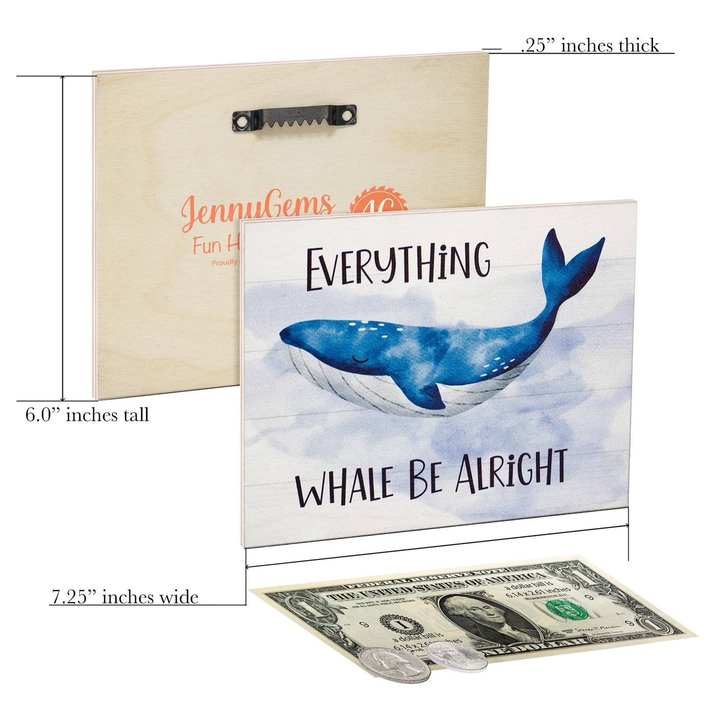 JennyGems Whale Decor, Everything Whale Be Alright Wooden Sign, Inspirational Quote, Wall Hanging, Made in USA