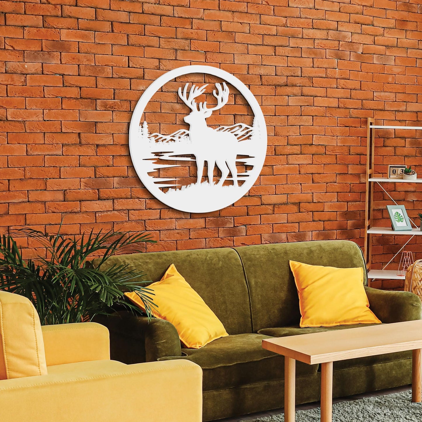Outdoor Deer Wall Art  Deer Decor for Cabin, Lodge, or Rustic Home Exterior, PVC Wilderness Sign with Mountains and Pine Trees, 36 Inch Round