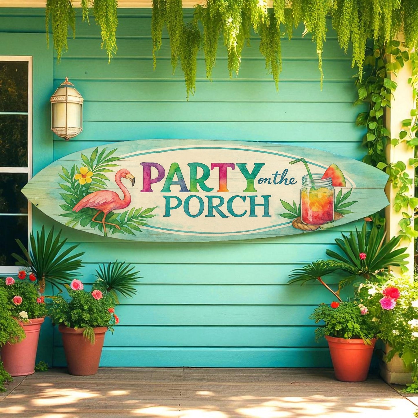 Party on the Porch Surfboard Wall Art – Indoor Outdoor PVC Porch Decor, Tropical Patio Sign, Flamingo Summer Decor