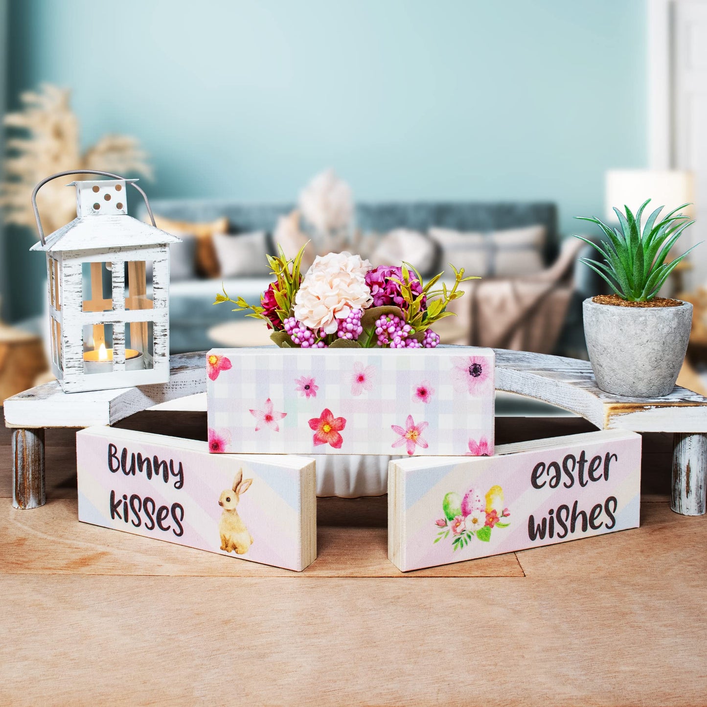 Easter Tiered Tray Decor, Bunny Kisses Easter Wishes 3 Piece Mini Wooden Block Set, Farmhouse Decorations