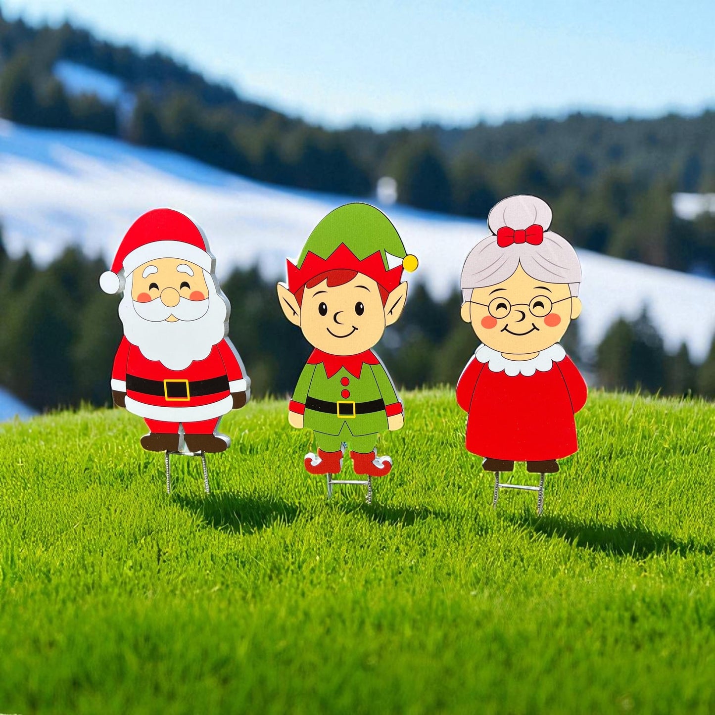 Christmas Yard Signs Set of 3, Outdoor PVC Christmas Decorations with Stakes, Holiday Decor Santa, Elf, Mrs. Claus