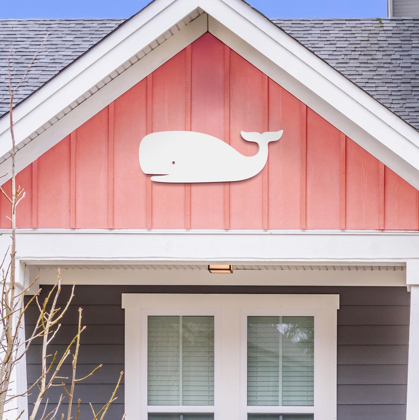 Outdoor White PVC Whale Beach House Wall Art, Coastal Whale Sign