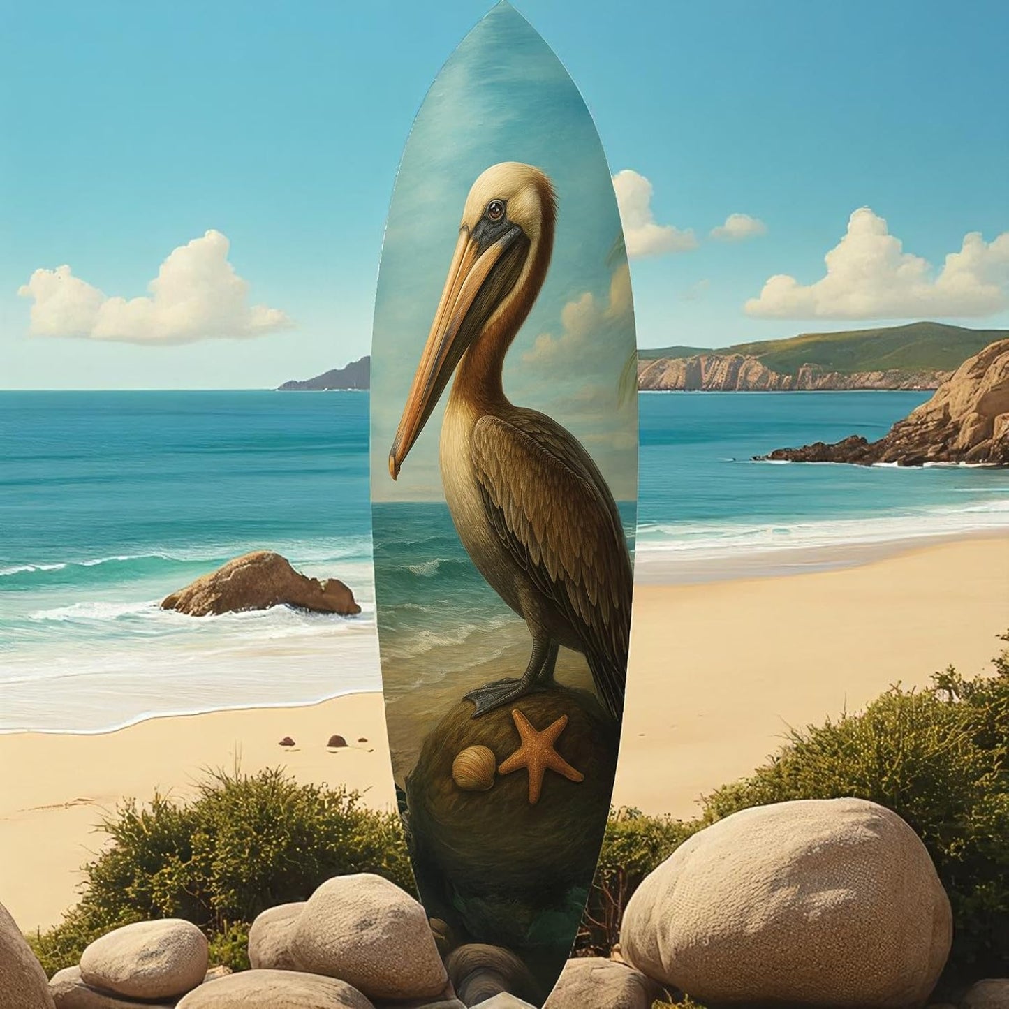 JennyGems Pelican Surfboard Wall Art, Coastal Bird Decor, Ocean Themed Surfboard Sign, Indoor Outdoor PVC, Beach House Nautical Wall Hanging, 4 Foot