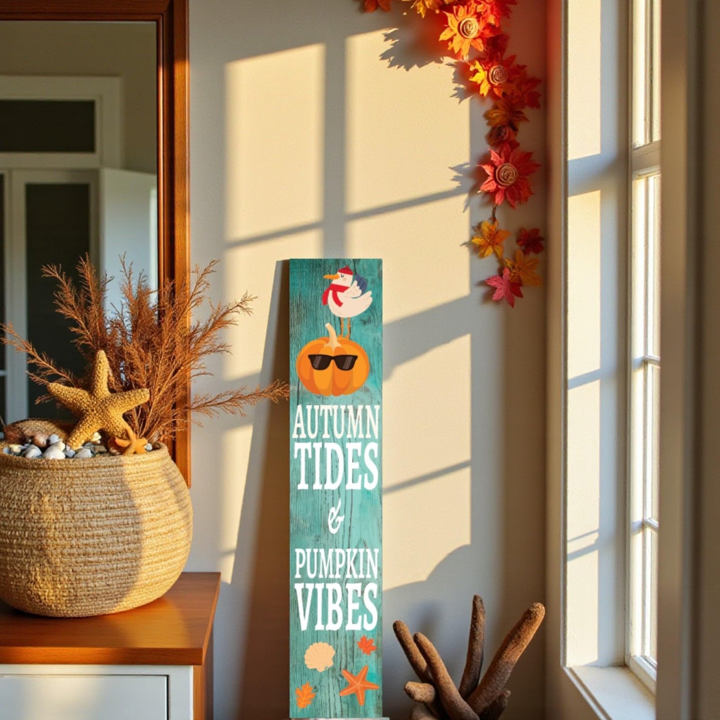 Fall Porch Sign Outdoor PVC Autumn Tides & Pumpkin Vibes, Vertical Front Door Welcome Standing Decor