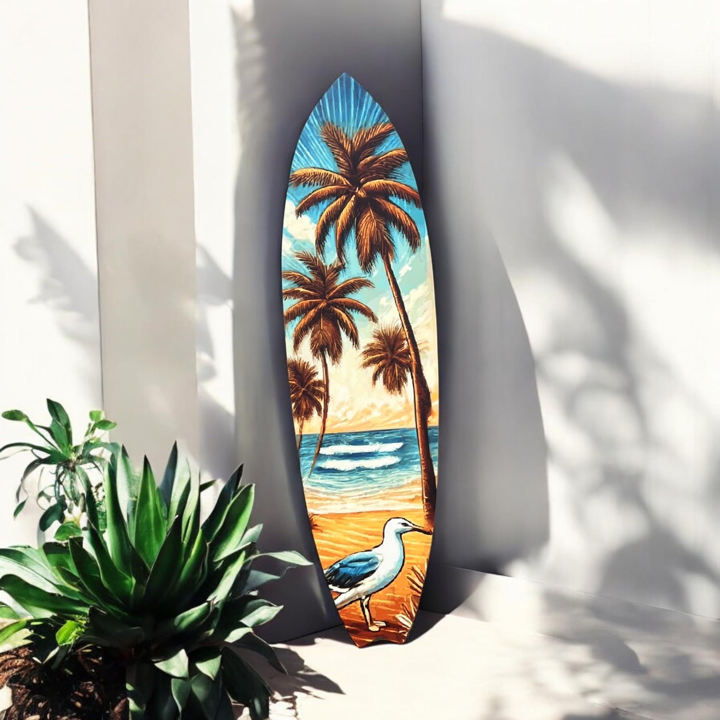 Tropical Beach Surfboard Wall Art | Weather-Resistant PVC with Sandpiper, Ocean Waves & Palm Trees