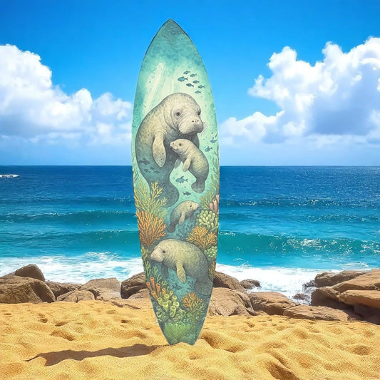 Manatee Surfboard Wall Art – Coastal PVC Beach Decor, Under the Sea Ocean Theme Sign, Weatherproof Outdoor Surfboard with Manatees & Coral