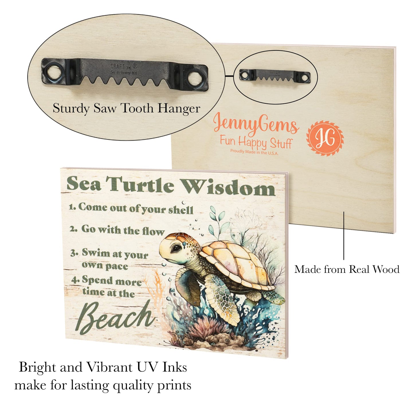 JennyGems Sea Turtle Decor, Ocean Theme Wall Art, Turtle Gifts, Wooden Beach Sign, Made in USA