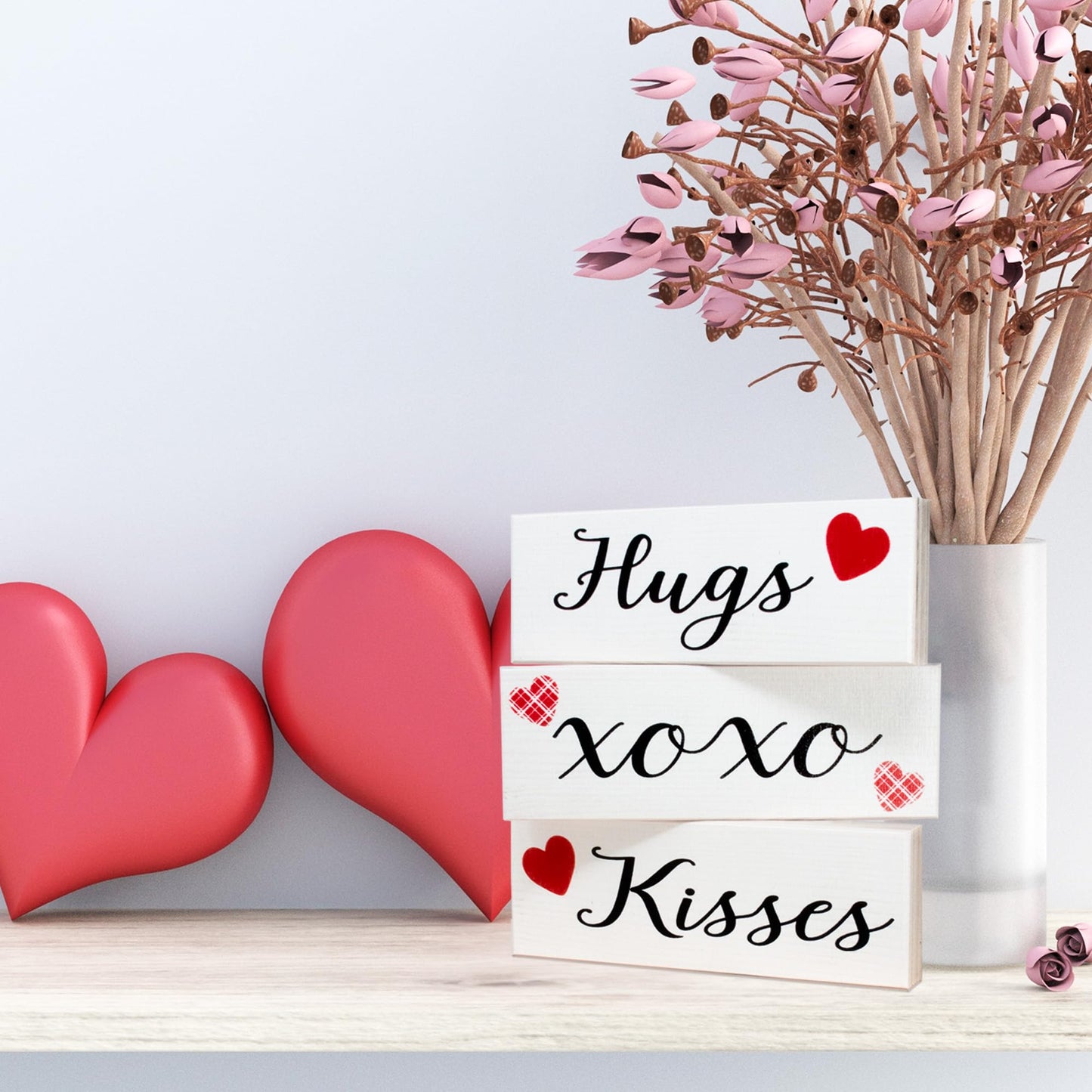 Hugs and Kisses Signs, 3pc Wooden Block Set, Valentine's Day Decor
