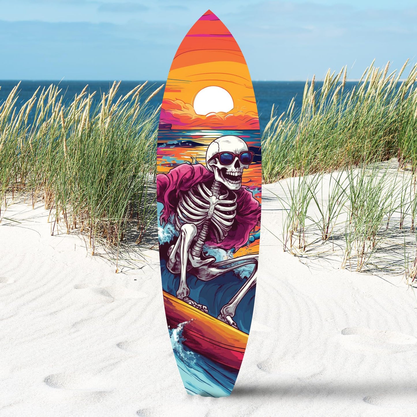 Halloween Surfboard Wall Art – Spooky Skeleton Surfing Outdoor PVC Sign – Coastal Halloween Decor for Porch, Patio, or Beach House