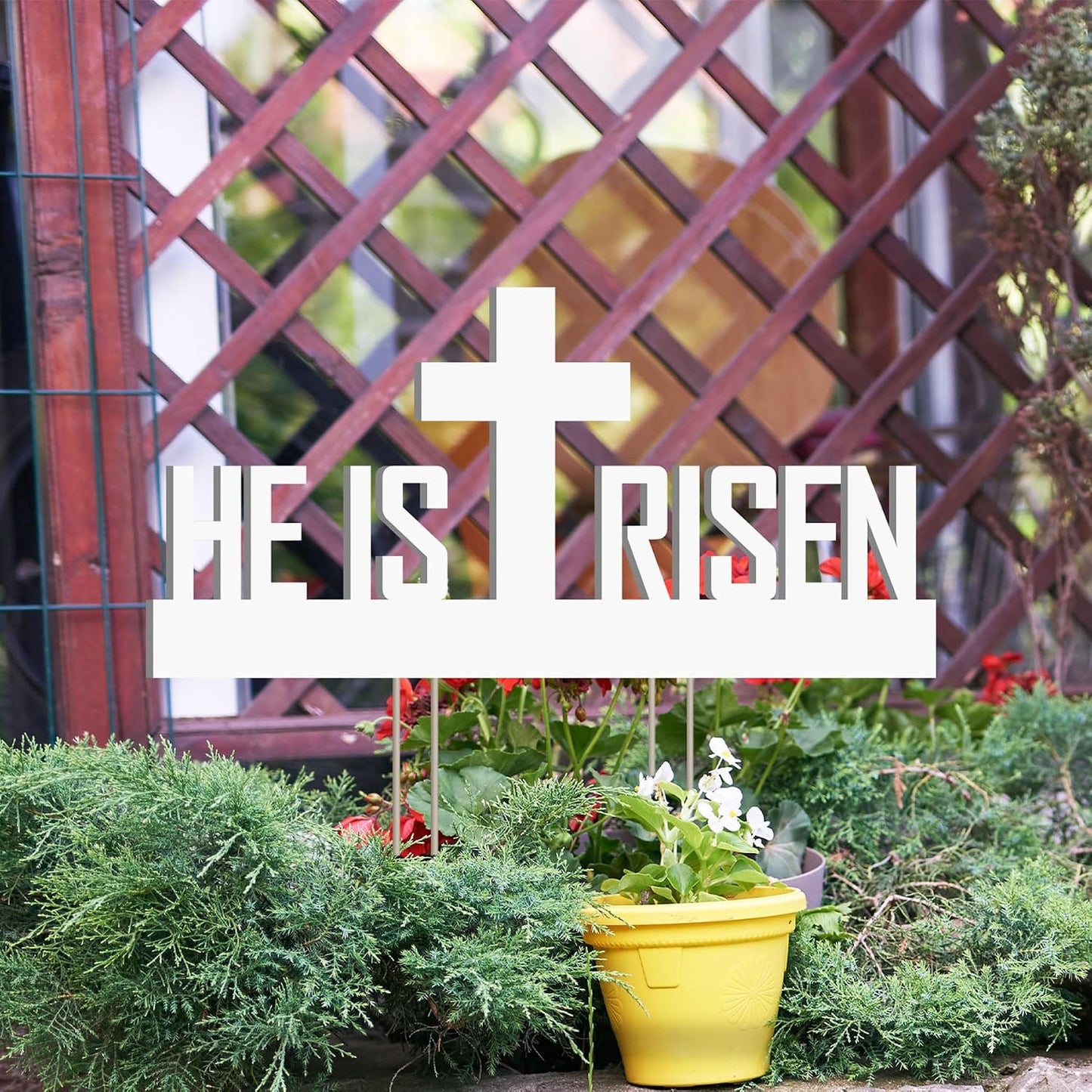 He Is Risen Outdoor Yard Sign – Easter Decorations, Weatherproof PVC with Metal Stakes, 2' x 1', for Yard, Church, or Garden Décor, White