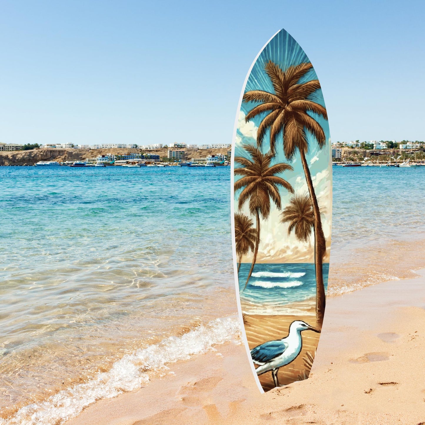 Tropical Beach Surfboard Wall Art | Weather-Resistant PVC with Sandpiper, Ocean Waves & Palm Trees