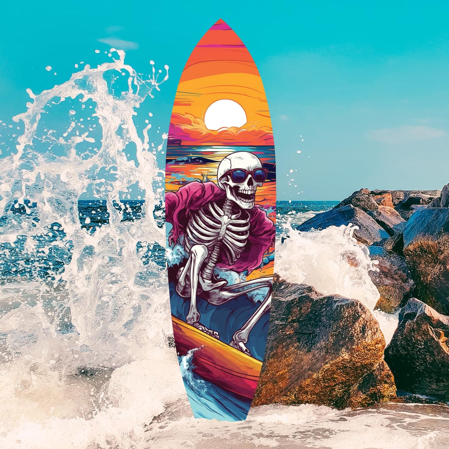 Halloween Surfboard Wall Art – Spooky Skeleton Surfing Outdoor PVC Sign – Coastal Halloween Decor for Porch, Patio, or Beach House