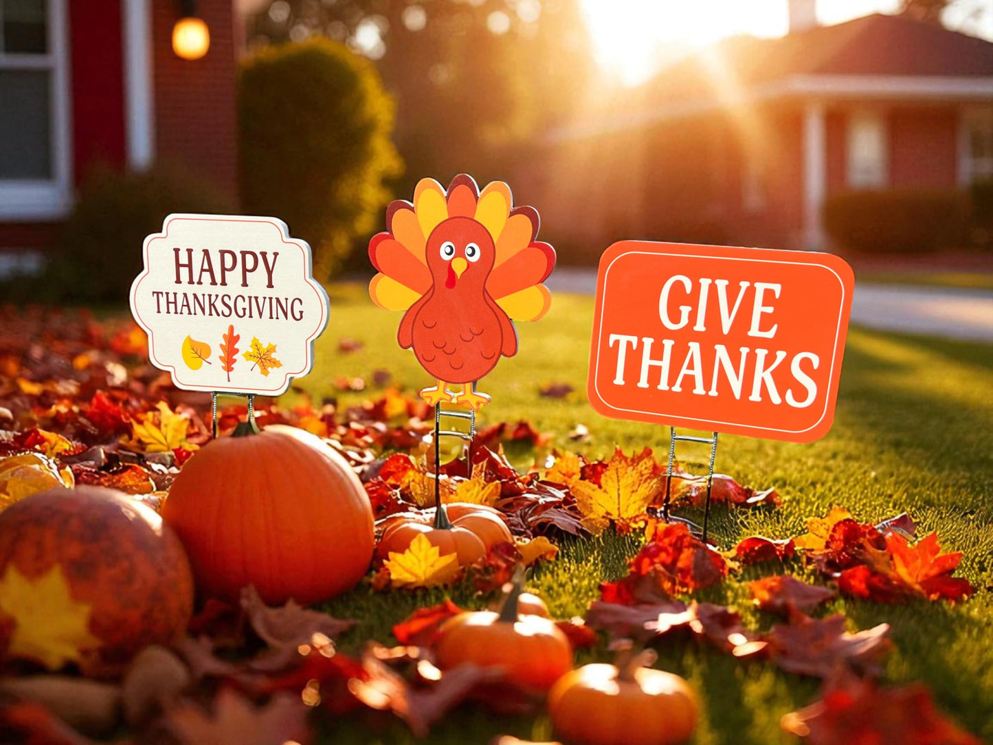 Thanksgiving Yard Signs Set of 3, Outdoor Waterproof PVC Fall Decor with Stakes, Give Thanks, Lawn Decorations