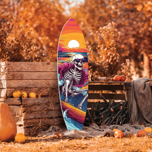 Halloween Surfboard Wall Art – Spooky Skeleton Surfing Outdoor PVC Sign – Coastal Halloween Decor for Porch, Patio, or Beach House