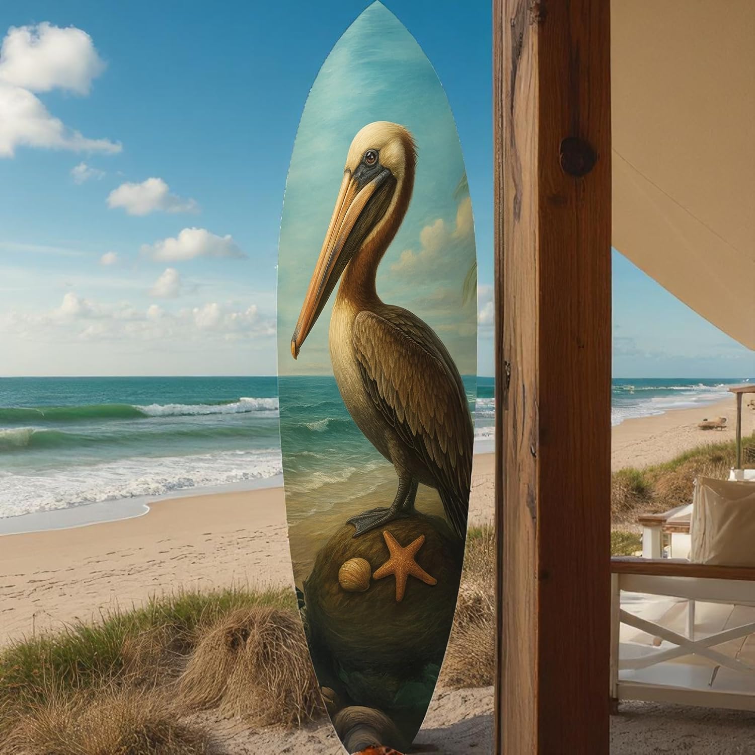 JennyGems Pelican Surfboard Wall Art, Coastal Bird Decor, Ocean Themed Surfboard Sign, Indoor Outdoor PVC, Beach House Nautical Wall Hanging, 4 Foot