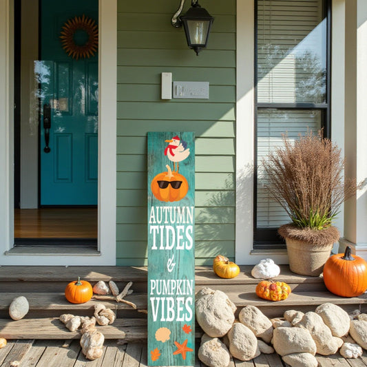 Fall Porch Sign Outdoor PVC Autumn Tides & Pumpkin Vibes, Vertical Front Door Welcome Standing Decor (4 Foot)