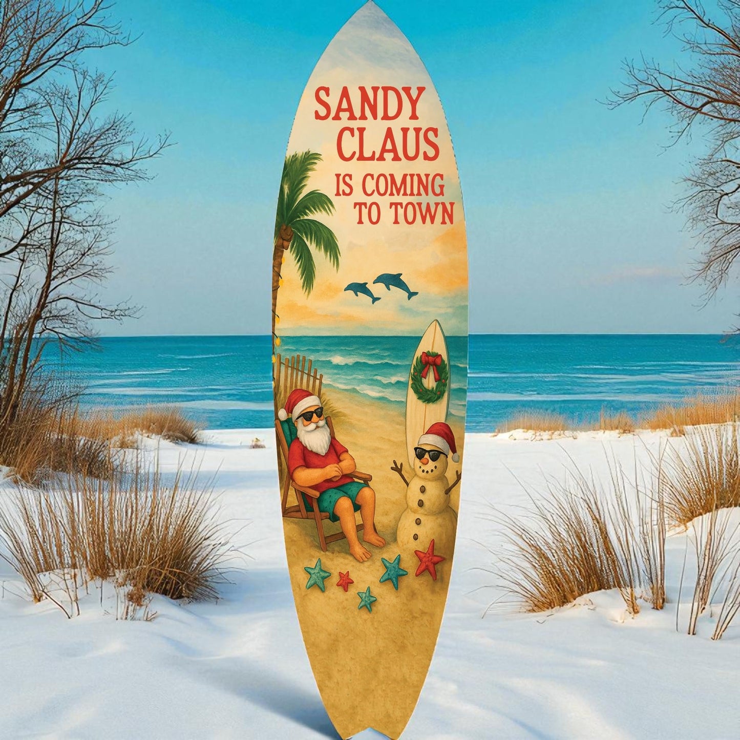 Sandy Claus Christmas Surfboard Wall Art – Outdoor PVC Holiday Decor with Santa Snowman Dolphins