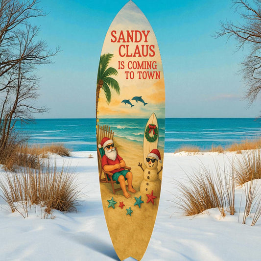 Sandy Claus Christmas Surfboard Wall Art – Outdoor PVC Holiday Wall Decor with Santa Snowman Dolphins, Beachy Christmas Porch or Coastal Yard Decoration