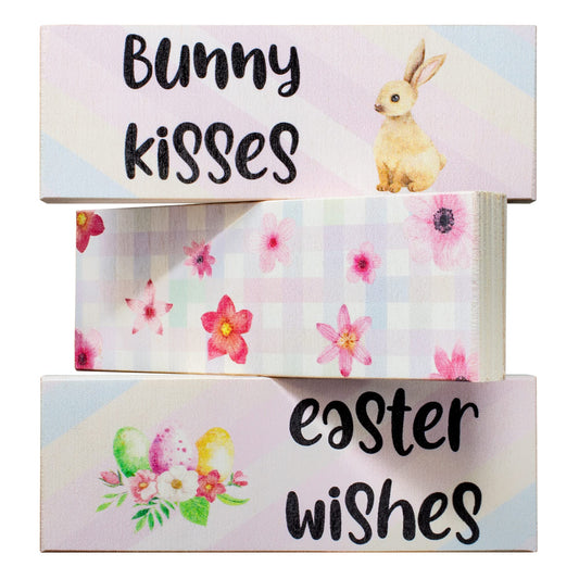 Easter Tiered Tray Decor, Bunny Kisses Easter Wishes 3 Piece Mini Wooden Block Set, Farmhouse Decorations