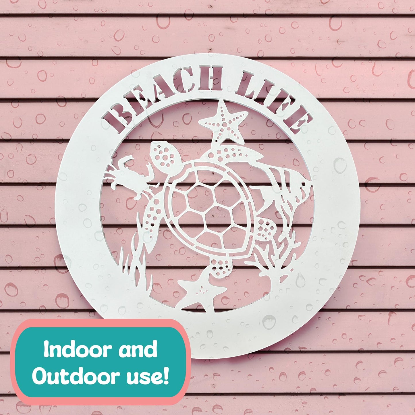 Outdoor Sea Turtle Sign with Starfish Crab Coral, Weatherproof PVC Coastal Wall Decor, Beach House Wall Art, 2 Foot