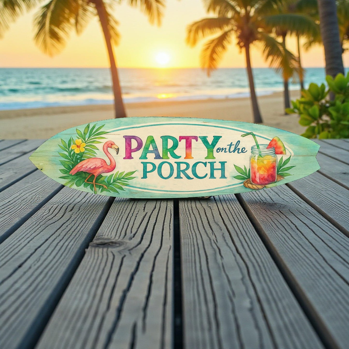 Party on the Porch Surfboard Wall Art – Indoor Outdoor PVC Porch Decor, Tropical Patio Sign, Flamingo Summer Decor