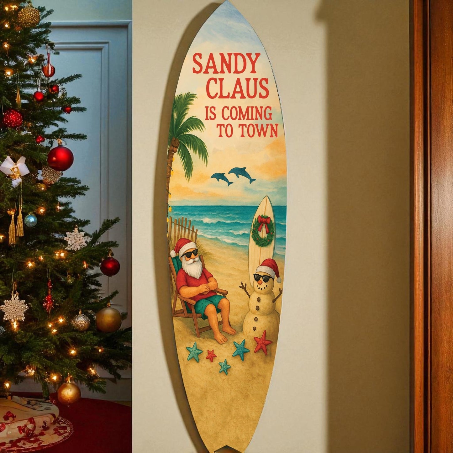Sandy Claus Christmas Surfboard Wall Art – Outdoor PVC Holiday Decor with Santa Snowman Dolphins