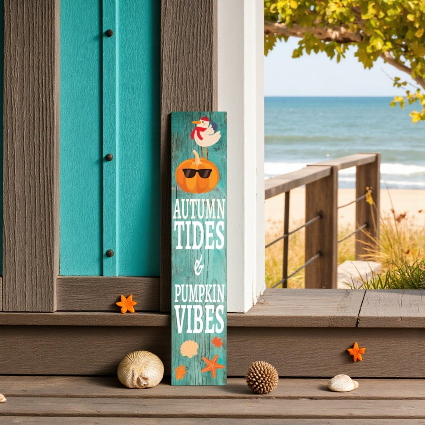 Fall Porch Sign Outdoor PVC Autumn Tides & Pumpkin Vibes, Vertical Front Door Welcome Standing Decor