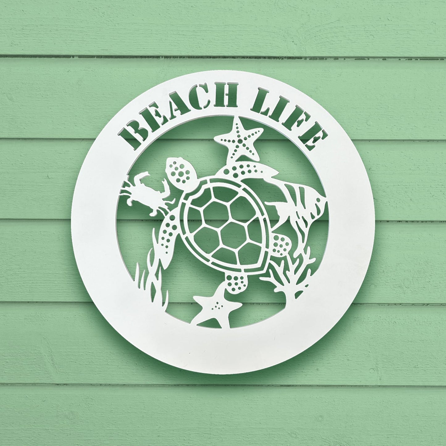 Outdoor Sea Turtle Sign with Starfish Crab Coral, Weatherproof PVC Coastal Wall Decor, Beach House Wall Art, 2 Foot