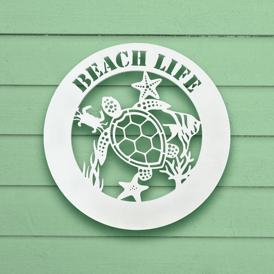 Outdoor Sea Turtle Sign with Starfish Crab Coral, Weatherproof PVC Coastal Wall Decor, Beach House Wall Art, 2 Foot