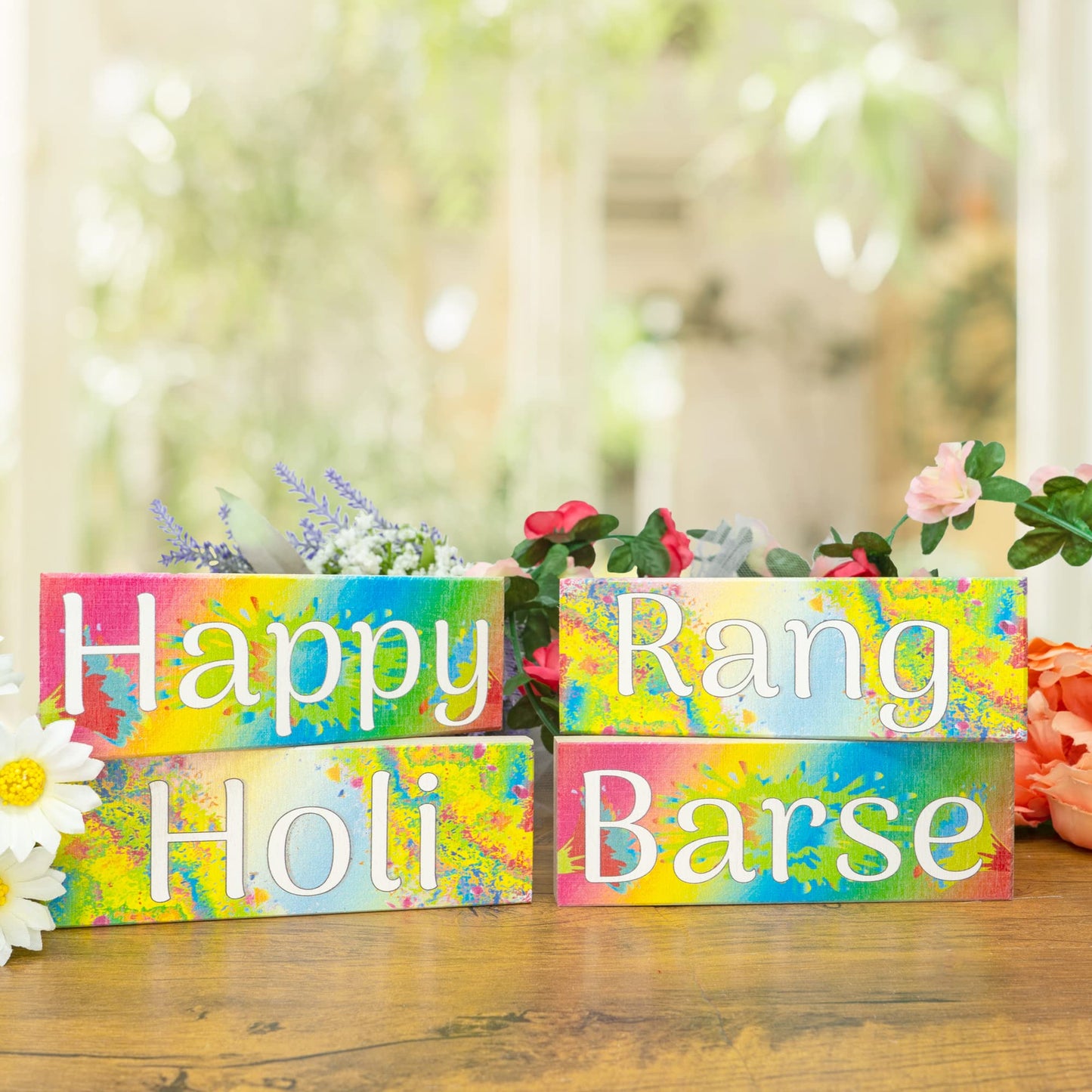 JennyGems Happy Holi Rang Barse Wooden Signs, Holi Decorations Party Supplies