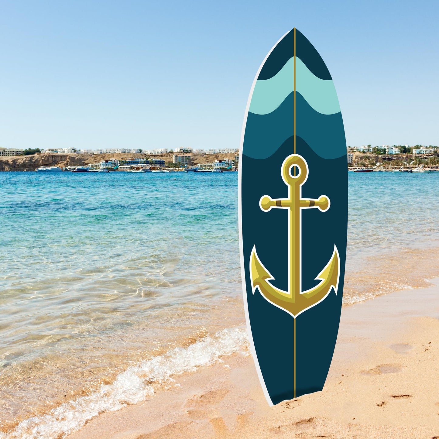 Nautical Anchor Surfboard Wall Art, Navy Blue and Teal, Beach House Decor, Indoor Outdoor - Weather Resistant PVC