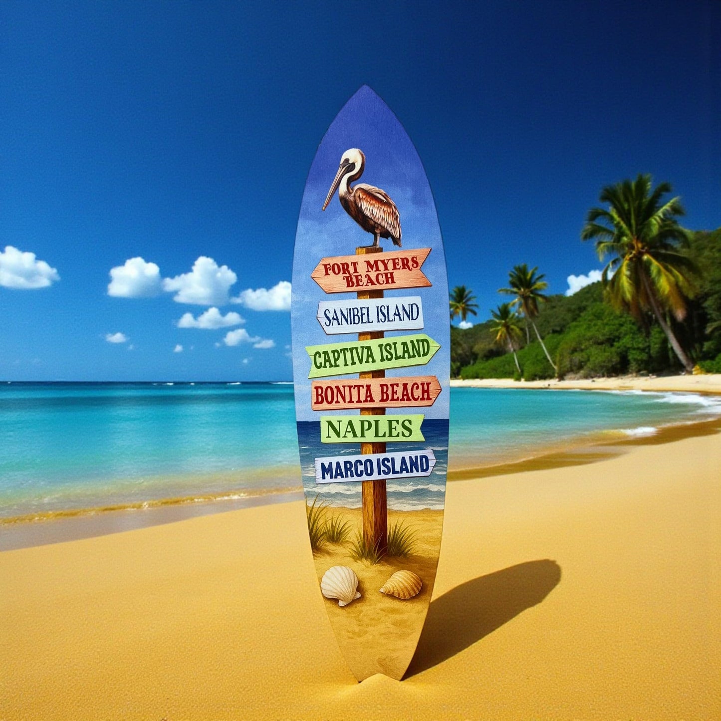 Florida West Coast Surfboard Sign – PVC Directional Beach Town Wall Art, Fort Myers Beach, Sanibel Island, Naples, Marco Island, Outdoor Coastal Decor