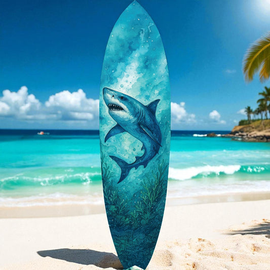 JennyGems Shark Surfboard Wall Art  Watercolor Ocean Decor, Indoor Outdoor PVC, Coastal Shark Beach House Decoration