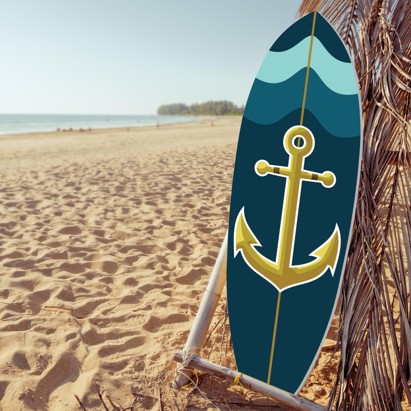 Nautical Anchor Surfboard Wall Art, Navy Blue and Teal, Beach House Decor, Indoor Outdoor - Weather Resistant PVC