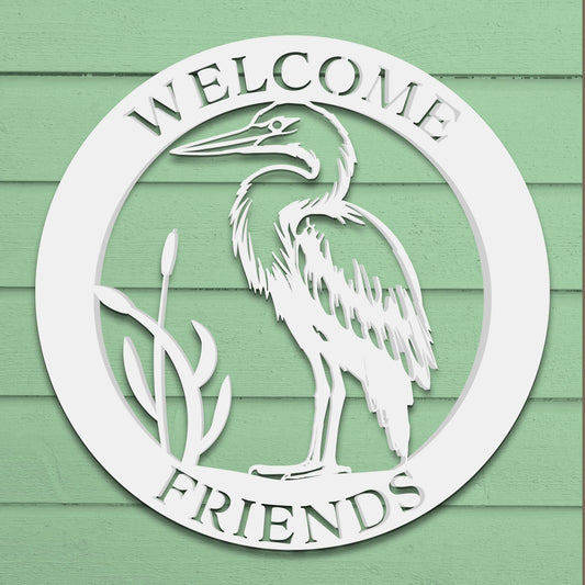 Outdoor Beach Sign Decor Welcome Friends – Round Egret Wall Art for Beach House, Coastal Cottage & Vacation Home – Weatherproof Decor for Entryway and Porch