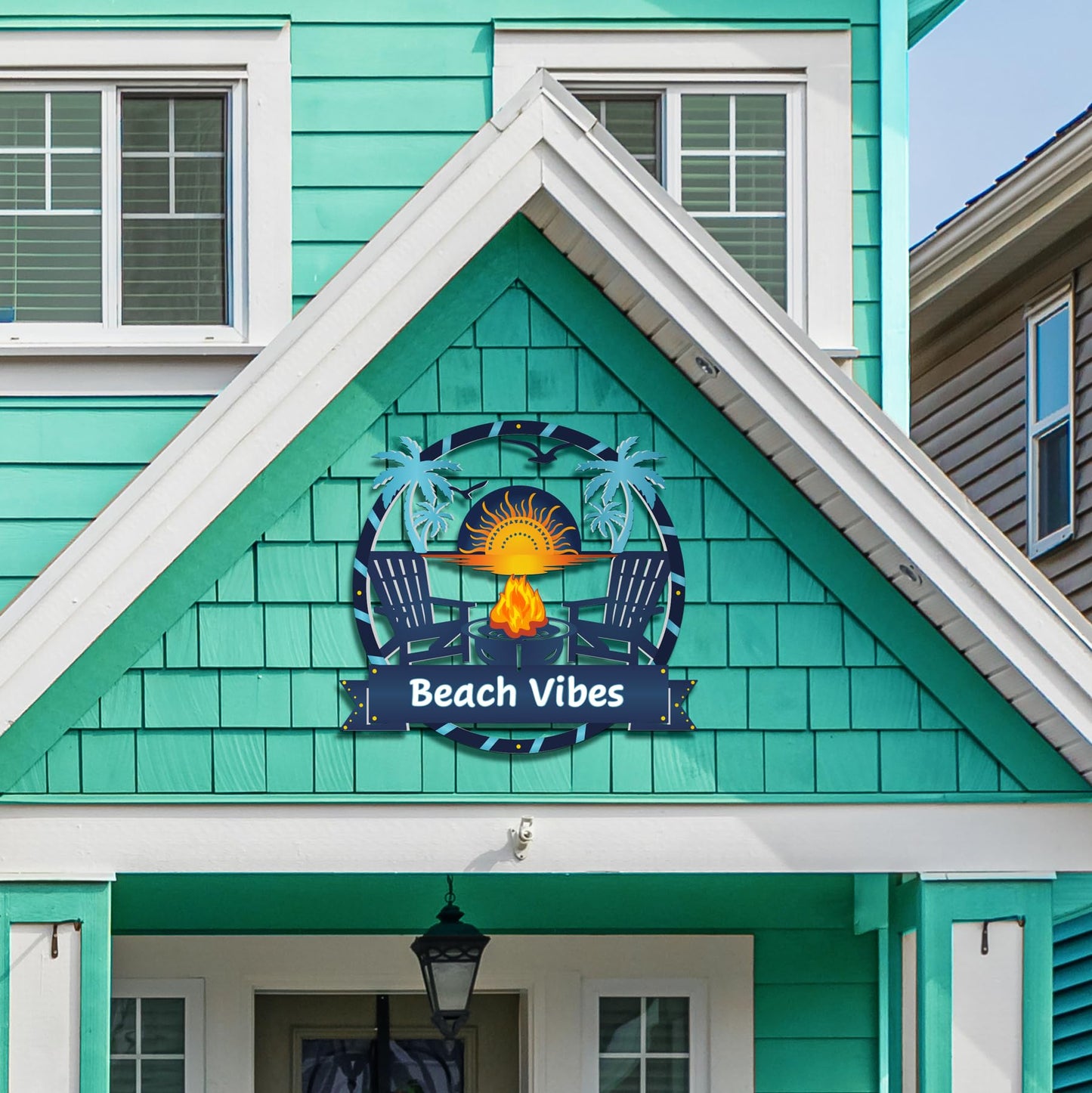 Outdoor Beach Vibes Sign  Round Premium PVC Beach House Decor with Palm Trees & Fire Pit  Weatherproof Coastal Wall Art for Home, Pool Area, Shed