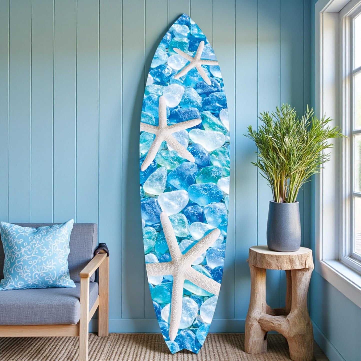Starfish and Seaglass Decorative Surfboard, Blue Ocean Theme, Premium PVC, Indoor Outdoor Safe, CNC Machine Cut, Made in USA
