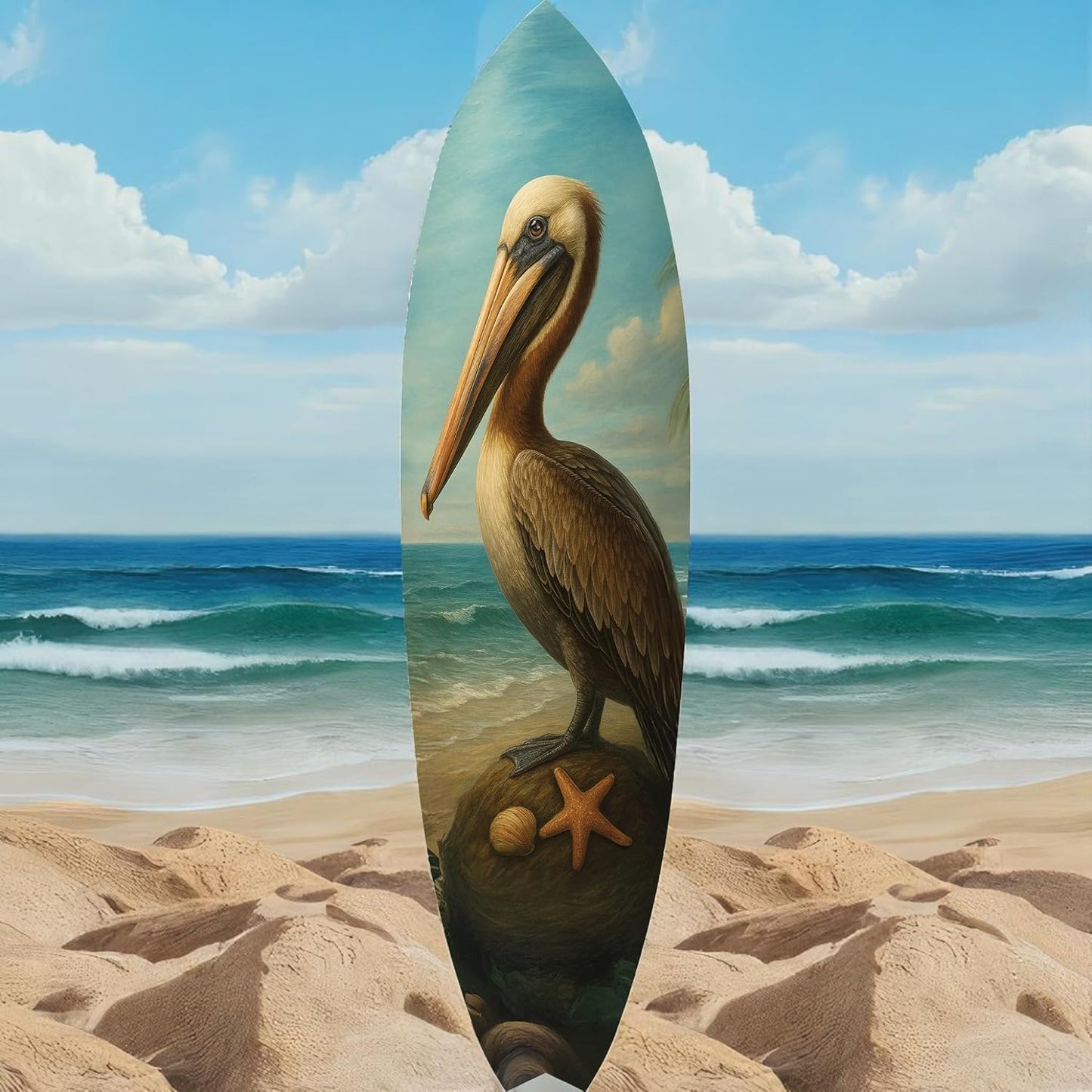 JennyGems Pelican Surfboard Wall Art, Coastal Bird Decor, Ocean Themed Surfboard Sign, Indoor Outdoor PVC, Beach House Nautical Wall Hanging, 4 Foot