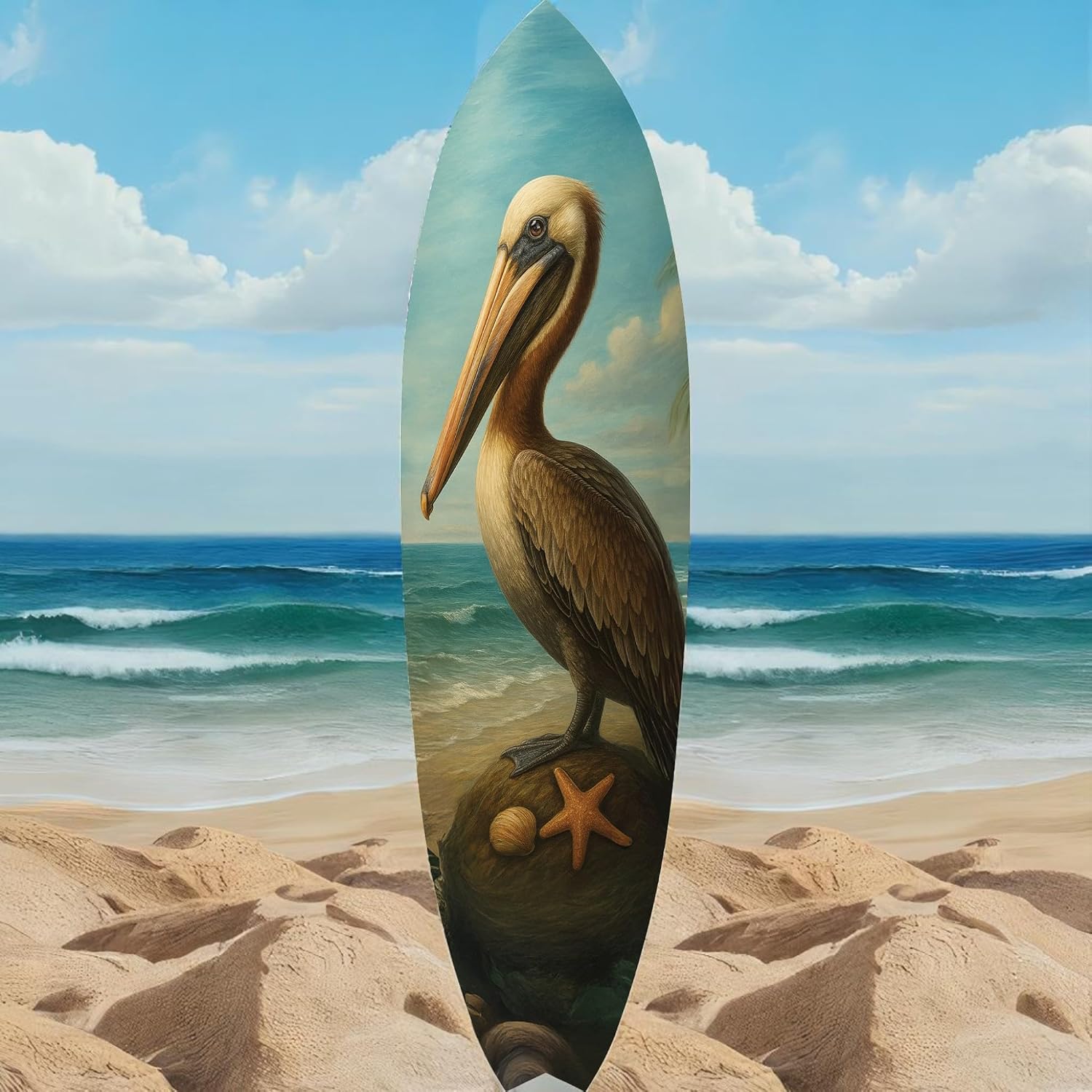 JennyGems Pelican Surfboard Wall Art, Coastal Bird Decor, Ocean Themed Surfboard Sign, Indoor Outdoor PVC, Beach House Nautical Wall Hanging, 4 Foot