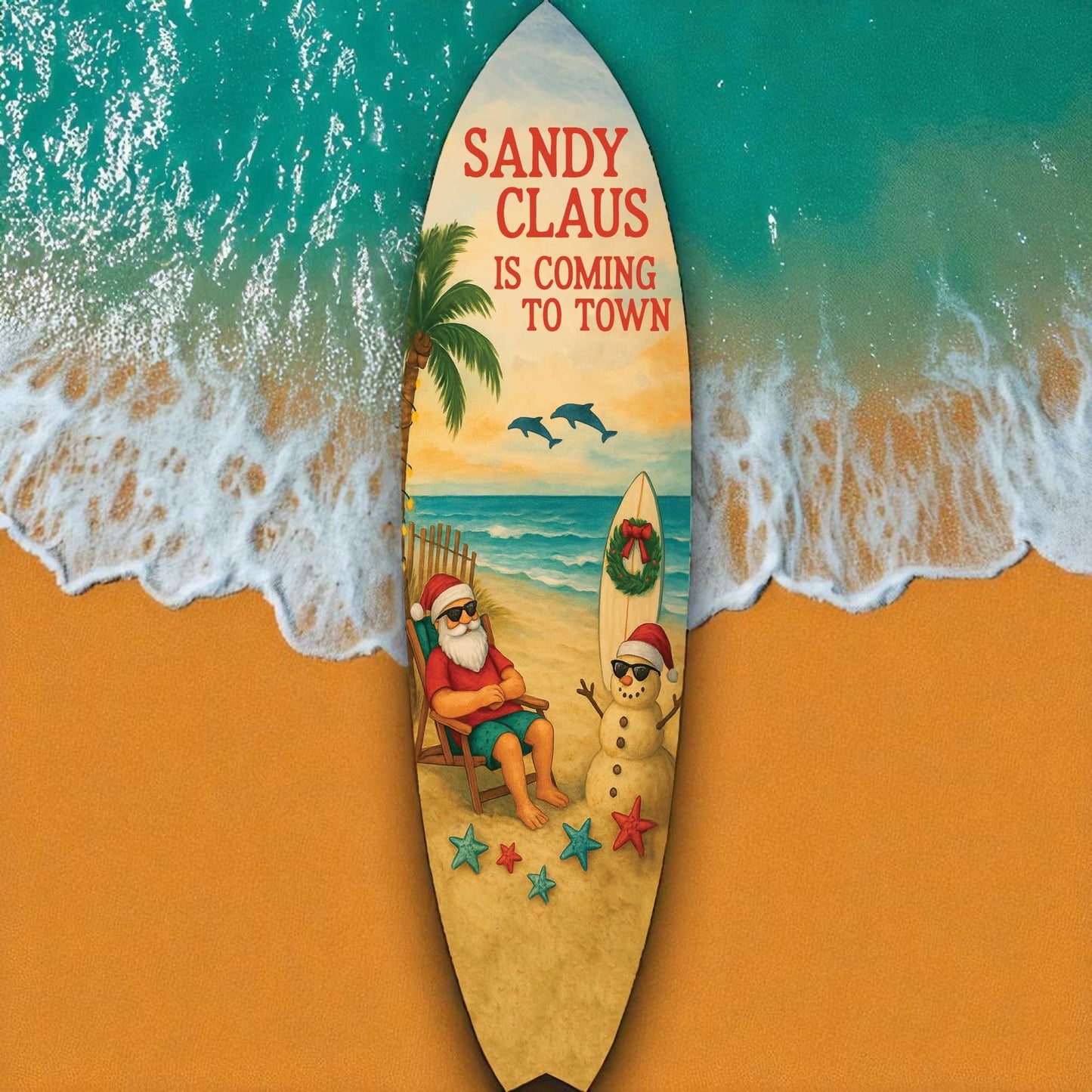 Sandy Claus Christmas Surfboard Wall Art – Outdoor PVC Holiday Decor with Santa Snowman Dolphins