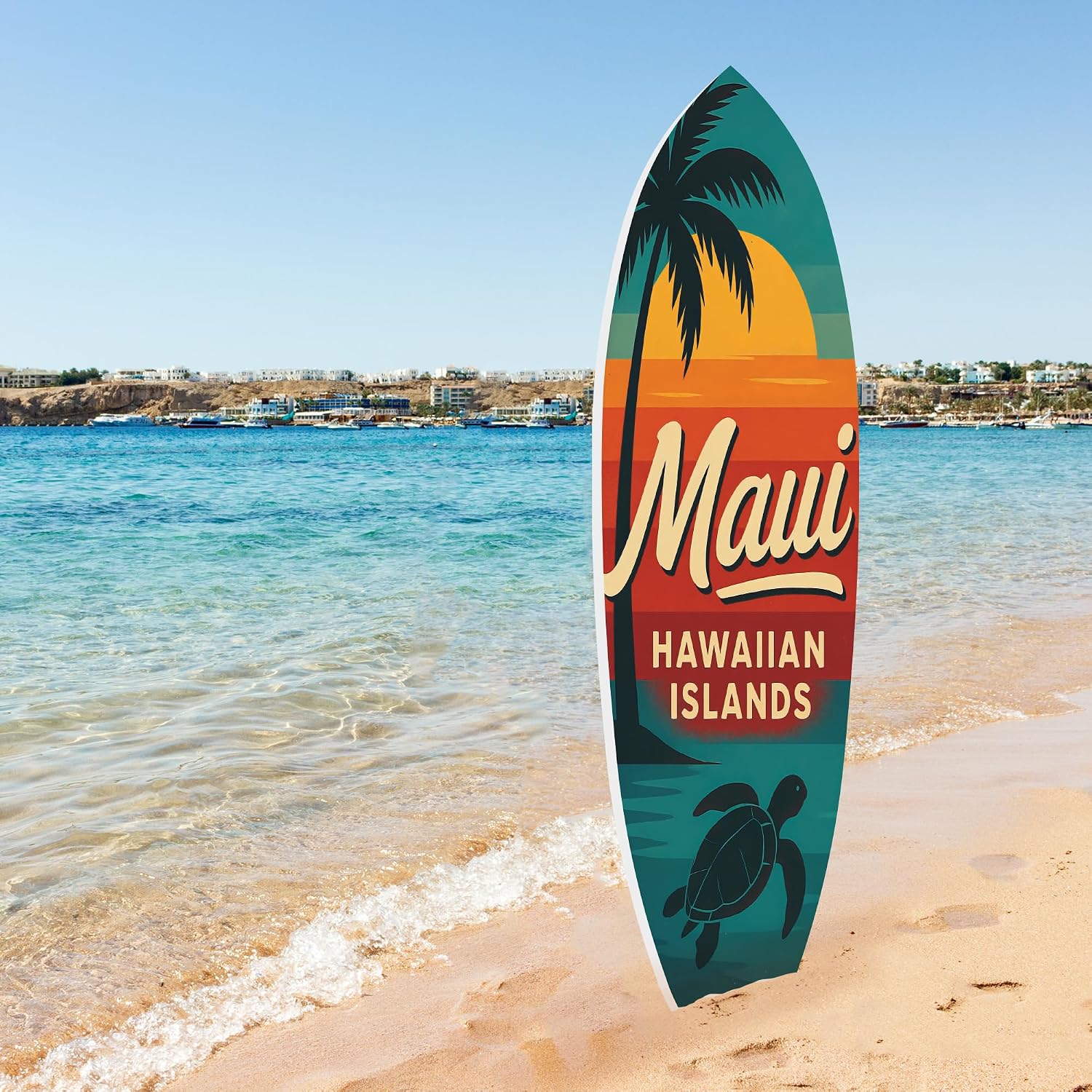 JennyGems Outdoor Surfboard Wall Art - Maui Hawaiian Islands Sign with Palm Tree Sea Turtle, Coastal Beach House Decor Weatherproof PVC, 2 Foot