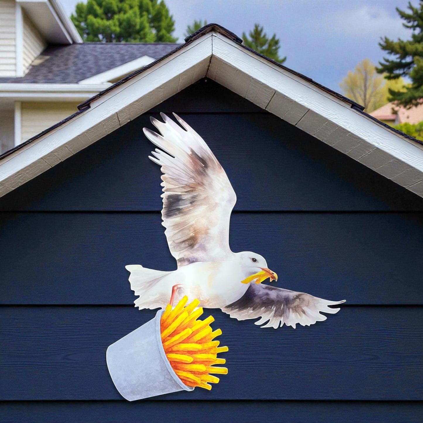 Seagull with French Fries Sign – Outdoor PVC Beach Wall Art, Coastal Decor for Beach Lovers
